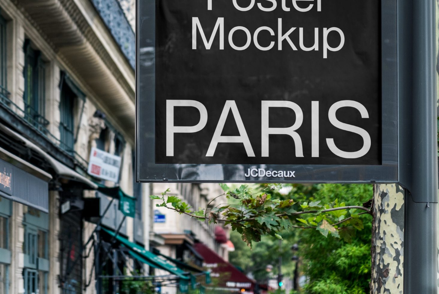 Outdoor poster mockup on Parisian street for advertising design presentation, urban environment, realistic city mockup, visible foliage.